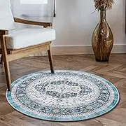 Carvapet Washable Round Area Rug 90cm/3ft Non Slip Thin Circle Carpet Blue Rug Vintage Medallion Circular Area Round Rugs for Bedroom Living Room Hallway