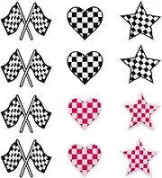 12pcs Racing Patches, Classic Check Decorative Iron On Patches Embroidered Patches Appliques for Clothes, Jeans, Backpacks, Hats (Flag + Heart + Star)