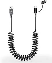 Coiled USB to USB C and Lightning Cable 2 in 1 - MFi iPhone 15 Car Charger Cord, 3A Fast Charging Cable for iPhone 15/15 Pro/15 Pro Max/14, Galaxy, Android, Support Apple CarPlay & Android Auto & Data