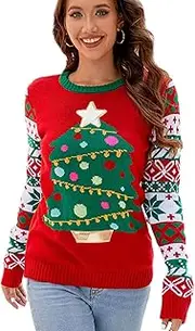 BUNIQ Ugly Sweater | Long Sleeve Crewneck Pullover Sweater - Holiday Top with Graphic, Tree Print Casual Pullover Sweatshirt for Green