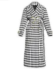 [PTBNRDC] Women's Double Breasted Trench Coat - Black and White Diamond Check Extended Trench Coat with Belt
