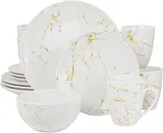 [Elama] Fine Marble Round Gloss Dinnerware Dish Set, 16 Piece, White and Gold