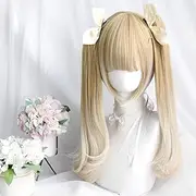 SCORRO Short Bob Wig with 2 Removable Claw Clip Curls Buns, Blonde Highlights Platinum Ponytails, Milkshake Color Wig, Cute Lolita Wig Cosplay Wigs for Women (Long slightly curly)