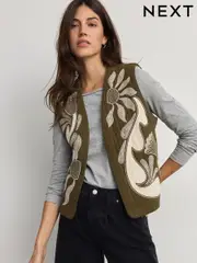 Khaki Green Quilted Floral Pattern Boho Embroidered Gilet (E96710) | $66
