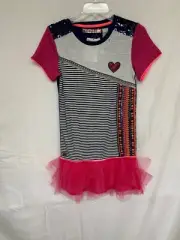 Desigual Dress Girls 13/14 Striped Fuschia Tutu Sequin Embellished Short Sleeve