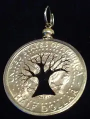 Hand Cut Half Dollar Tree of Life Bezel set Pendant Key Chain