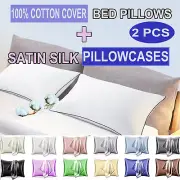 2pcs Standard Size Medium Firm Bamboo Bed Pillows With Satin Silk Pillow Cases