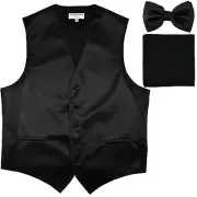 New Men's Horizontal Stripes Tuxedo Vest Waistcoat_bowtie & Hankie Black formal