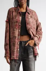 R13 Shredded Seam Drop Neck Plaid Flannel Button-Up Shirt in Bleached Out Red Plaid at Nordstrom, Size Medium