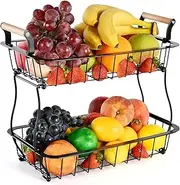 2 Tier Countertop Fruit Basket Bowl, Kitchen Counter Metal Wire Storage Produce Basket Fruits Stand Holder Organizer for Bread Snack Veggies Produce, Black