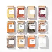 APT 1101 Glass Spice Jars with Labels, 4oz Glass Jars with Bamboo Lids, Square Spice Jars with Labels, Empty Spice Bottles for Seasoning Organizer, Spice Drawer Organizer, 12 Pack (White)