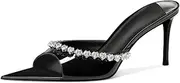 [Tupakei] Black Heeled Mules Crystal Rhinestone Pointed Toe Mules Open Toe Womens Mules Wedding Party Shoes