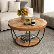 Costway2-Tier Round Coffee Table with Storage and Faux Wooden Top-Natural