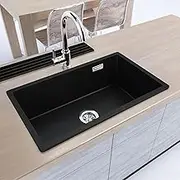 ACA Trading 735x420mm Black Granite Stone Kitchen Sink Single Bowl Laundry Kitchen Sink Basin 10mm Thickness Stone Bar Kitchen Sinks with Overflow Home Utility Granite Kitchen Sink(Black)