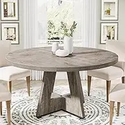 Tribesigns Round Dining Table Wood Kitchen Table for Dining Room, 120 cm Dinning Room Tables for 4 Adult, Farmhouse Dinner Table with Wooden Tabletop and Cross Base, Rustic Grey