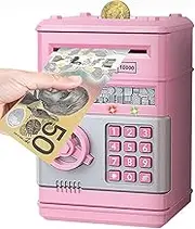 Piggy Bank, Cute Electronic Coin Money Bank for for Kids, Cash Coin Can ATM Bank for Kids 3-7,Auto Scroll Paper Money Saving Box with Password for Real Money Christmas Birthday Gifts (Pink)