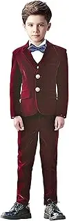 [Yanlu] 5 Piece Boys Suits Set Kids Formal Velvet Suit Blazer Vest Pants Shirt Bow Tie