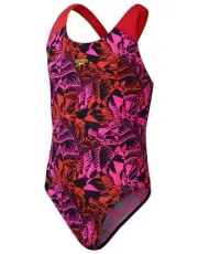 Speedo Girls Placement Allover Splashback Swimsuit- Black/Pink