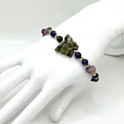 8" Genuine Jade Butterfly & Amethyst Purple and Green Beaded Stretch Bracelet