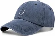[YuMENo] Smile Face Ponytail Baseball Cap for Women Washed Cotton Vintage Adjustable Unstructured Hats