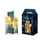 Silverware Set 24 pcs Gold Cutlery Set, Knife, Fork, Spoon w/ Stand for Dinning