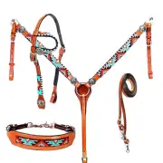 western Leather Equestrian Tooled Beaded Headstall,Breast Collar & Reins. (H051)
