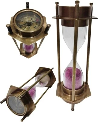 Vintage Sand Timer & Desk Table Top Classy Touch Both Side Compass.