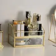 SLHEQING Make Up Organiser with Drawers, Gold Cosmetic Organiser, Large Makeup Organiser, Cosmetic Organiser, Glass Skincare Organiser for Bedroom, Bathroom, Dressing Table