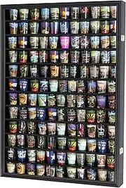 Large 144 Shot Glass Display Case Rack Cabinet Holder Wall Curio Cabinet Shadow Box for Action Figures Small Figurines - Lockable with UV Protection Acrylic Glass Door - Black Finish