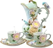 Ceramic 7 Pieces Coffee Tea Sets, 3D hand-paint Flower and Bird Teapot and Cup Saucers Set for Adults
