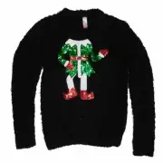 No Boundaries Junior Women Fuzzy Black Elf Christmas Holiday Sweater Pullover