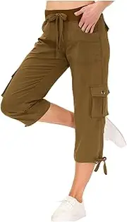 [TANGNADE] Women Cargo Capris Pants Lightweight Hiking Pants with Pockets Stretchy Waist Ladies Baggy Cargo Shorts Capri