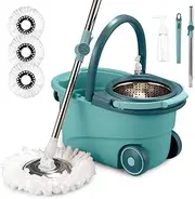 ZUNI 360° Rotating Mop and Bucket Kit with 3 Microfiber Refill Heads, Adjustable Stainless Steel Handle for Efficient Home Cleaning, Green