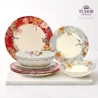 TUDOR ENGLAND 12 piece ROYAL Glossy Porcelain Dinnerware Set Service for 4 NEW