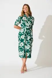 Scottdale Midi Shirt Dress Half Sleeve in Green Emerald Print Cotton 8