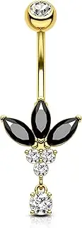 [COCHARM] Black Lotus Belly Button Rings, 14G Gold Dangle Belly Navel Rings for Women, Stainless Steel Belly Navel Piercing Jewellery