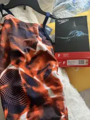 Speedo Flash Time Flyback Swimsuit Navy Orange Size 28 New