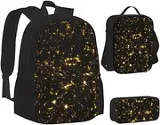 [ERCgad] Black And Gold Wallpaper Print Canvas 3-In-1 School Bags Set Backpack Lunch Bag Pencil Case Combo For Men Women, Black, One Size