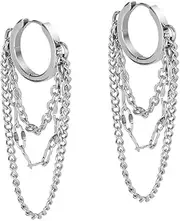 [HIJONES] Men's Stainless Steel Personalized Dangle Hoop Chain Link Drop Tassel Eearrings Huggie Ear Stud