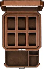 ROTHWELL 6 Slot Leather Watch Box with Valet Drawer - Luxury Watch Case Display Organizer, Microsuede Liner, Locking Mens Jewelry Watches Holder, Men's Watch Storage Large Glass Top (Tan/Brown)