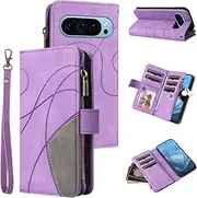 Compatible with Google Pixel 9 Pro XL 6.8" Wallet Case, Splicing Leather Cover with 9 Card Holder Slots Kickstand Shockproof Case for Google Pixel 9 Pro XL 6.8"-Purple