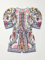 [Farm Rio] Farm Rio - Belted Printed Cotton-poplin Playsuit - Cream - x small x small Cream