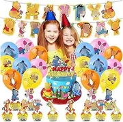 Buosha Winnie The Pooh Birthday Decoration Pack: Banner, 16 Balloons, 13 Cake Toppers - Yellow Winnie The Pooh Character Balloons