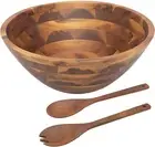 Natural Acacia Wooden Salad Bowl Set - 12.5" Bowl with Serving Utensils Included