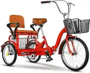 3 Wheels Bicycle with Rear Vegetable Basket,Comfortable Back seat with Lifted up armrest,Folding tricycles for Adult and Elderly,Tandem trikes for Hanging Out and Traveling