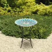 Solar Birdbath 18in Glass Flower Mosaic LED Lights Stand Outdoor Yard Lawn Blue
