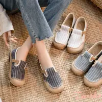 在飛比找momo購物網優惠-【Taroko】日式條紋拼接休閒亞麻布休閒鞋(3色可選)
