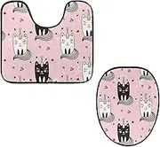 Toilet Lid Cover and U-Shaped Toilet Floor Mat Set of 2 Pieces, Cute Caticorns with Diamond Toilet Mat Set, Machine Washable Seat Covers Non-Slip Absorbent Rugs