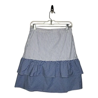 J Crew Skirt Womens Size 8 Blue White Stripes Tiered Cotton Pull On Lined NWT