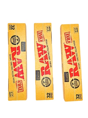 Raw Classic 1 1/4 Cones x3 Pack Natural Unrefined 96 Pre Rolled Paper Cone | RAW